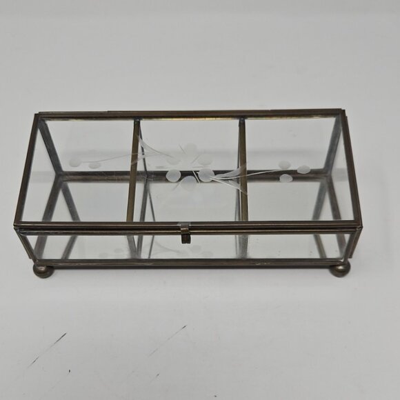 Vintage Mirrored Brass Leaded Etched Glass Divided Jewelry Trinket Box Casket - Picture 1 of 7